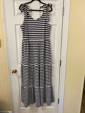 Striped Tie-Shoulder Maxi Dress in Navy and White